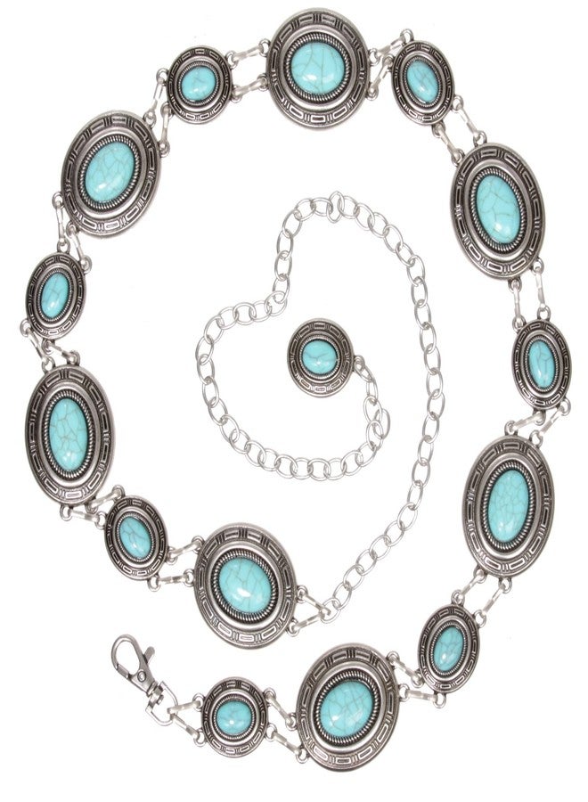 Beltiscool Women's Western Oval Concho Turquoise Stone Chain Belt, Silver | m/l (33"-49" waist) - Image 1